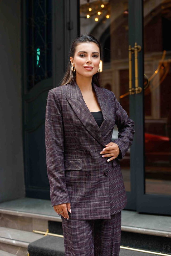 Plaid Burgundy Double Breasted Suit Women