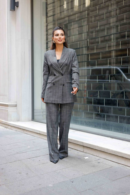 Plaid Gray Double Breasted Suit Women