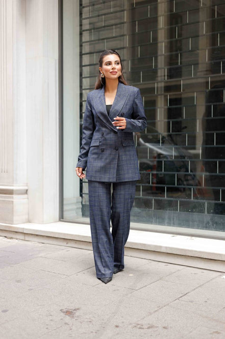 Plaid Navy Blue Double Breasted Suit Women