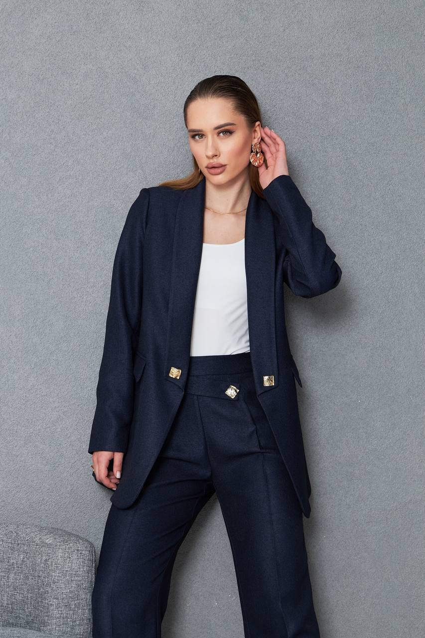 Women Wool Pant Suit Navy Blue