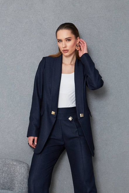 Women Wool Pant Suit Navy Blue