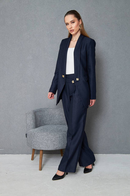 Women Wool Pant Suit Navy Blue