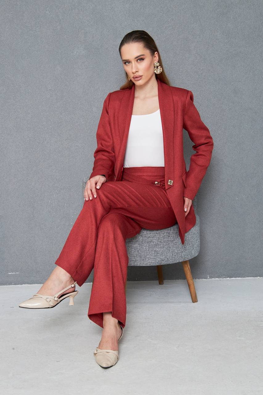 Women Wool Pant Suit Red