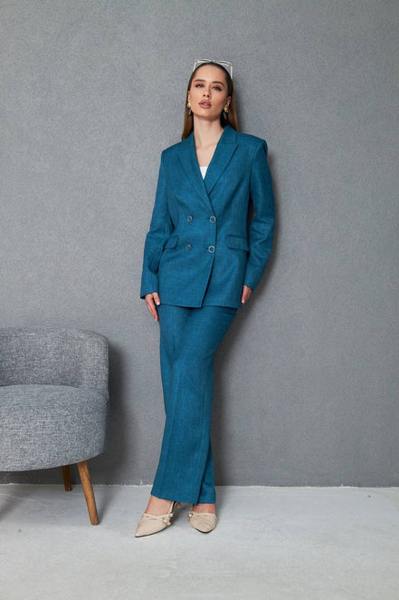 Wool Blue Double Breasted Suit Women