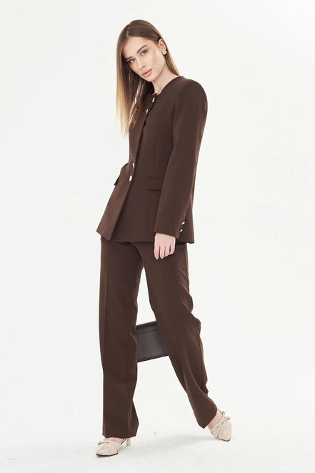 Woman wearing a brown suit