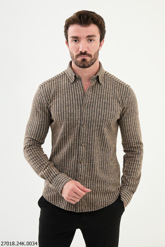 Ames Men's Beige Striped Long Sleeve Shirt