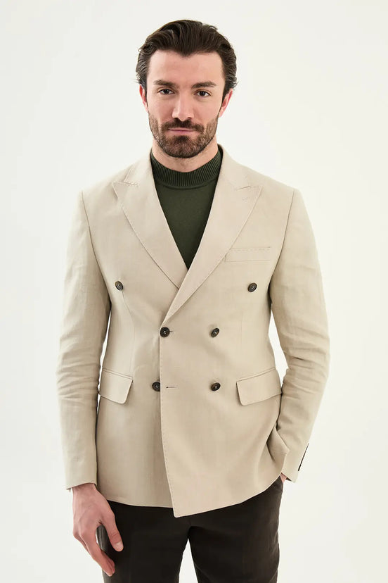 Abilene Beige Double Breasted Linen Blazer