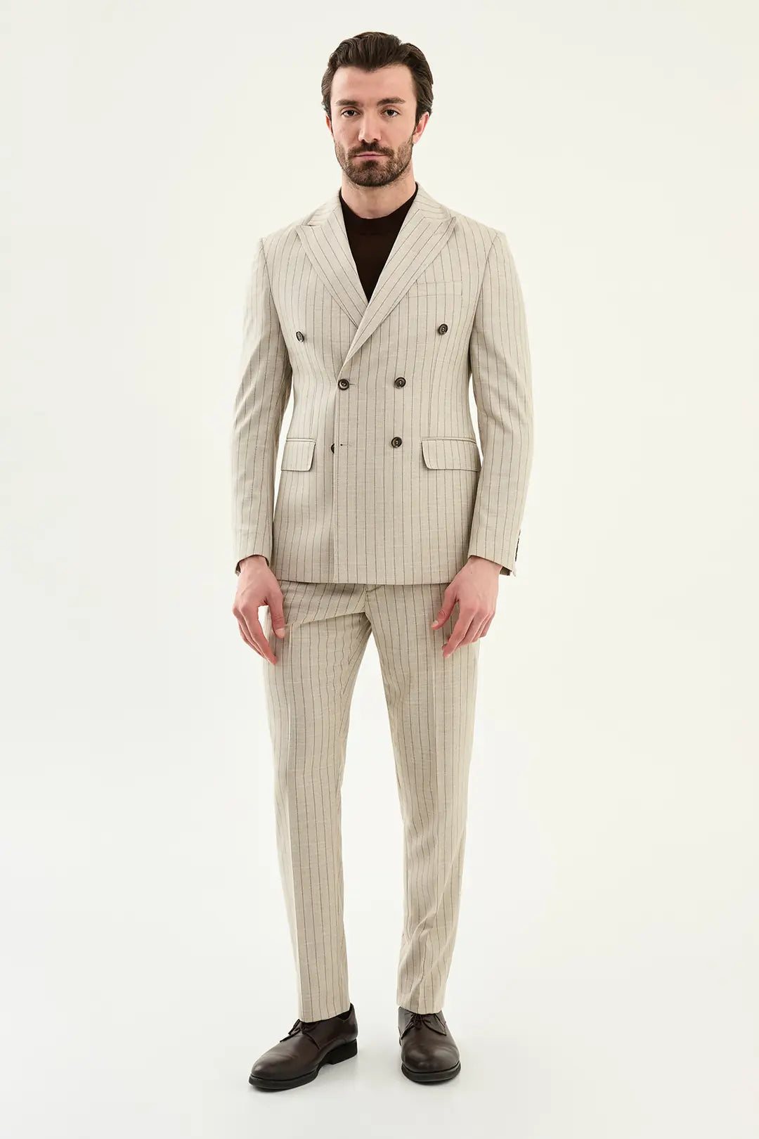 Abilene Beige Double Breasted Pinstripe Blazer