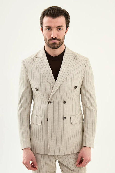 Abilene Beige Double Breasted Pinstripe Blazer