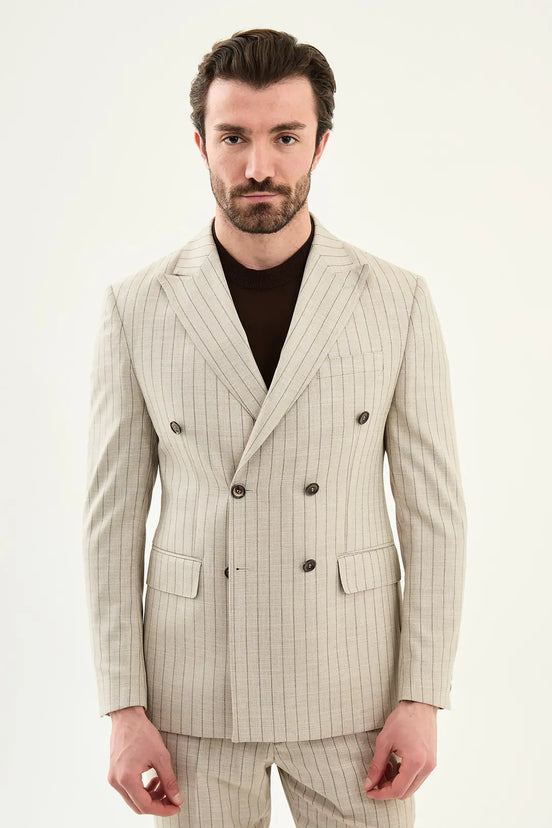 Abilene Beige Double Breasted Pinstripe Blazer