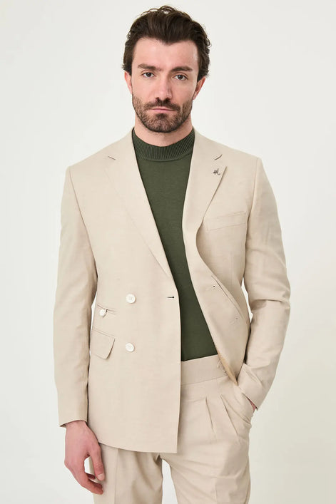 Abilene Beige Hidden Button Double Breasted Suit