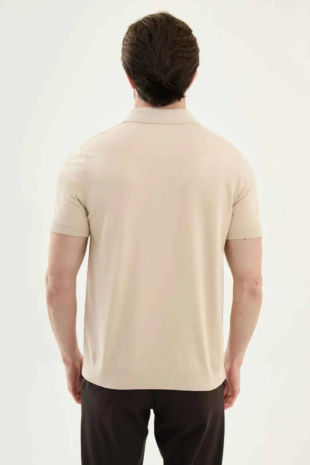 Abilene Beige Textured Knit Quarter Zip Polo Shirt