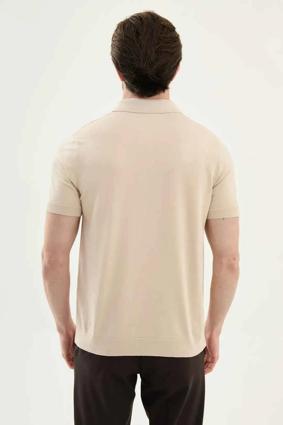 Abilene Beige Textured Knit Quarter Zip Polo Shirt
