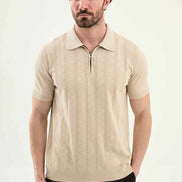 Abilene Beige Textured Knit Quarter Zip Polo Shirt
