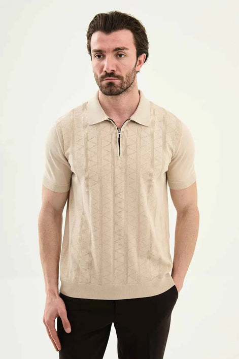 Abilene Beige Textured Knit Quarter Zip Polo Shirt