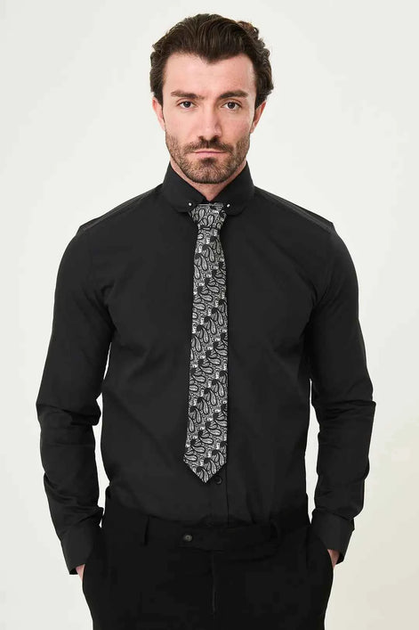 Abilene Black Slim Fit Long Sleeve Pin Collar Dress Shirt