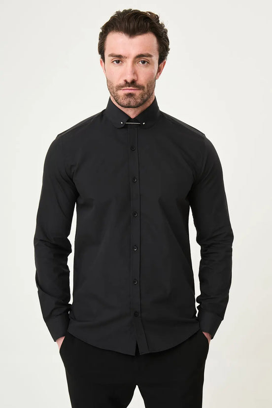 Black Slim Fit Long Sleeve Pin Collar Dress Shirt