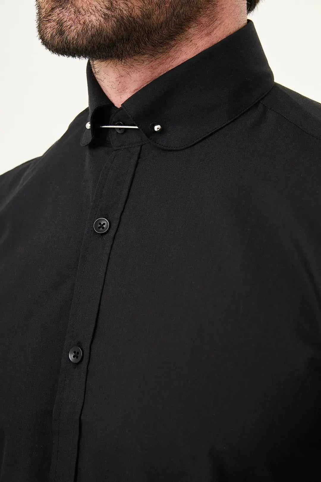 Abilene Black Slim Fit Long Sleeve Pin Collar Dress Shirt