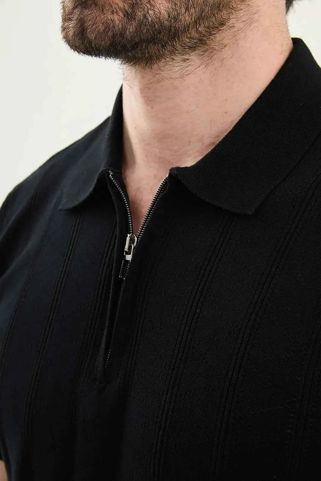 Abilene Black Textured Knit Quarter Zip Polo Shirt