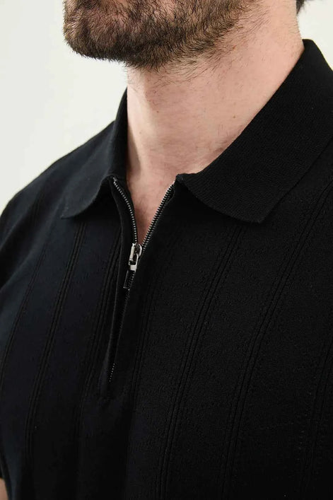 Abilene Black Textured Knit Quarter Zip Polo Shirt