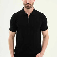 Abilene Black Textured Knit Quarter Zip Polo Shirt