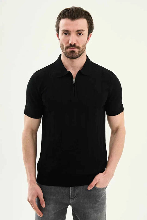 Abilene Black Textured Knit Quarter Zip Polo Shirt
