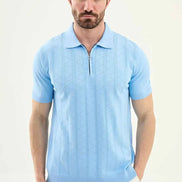 Abilene Light Blue Textured Knit Quarter Zip Polo Shirt