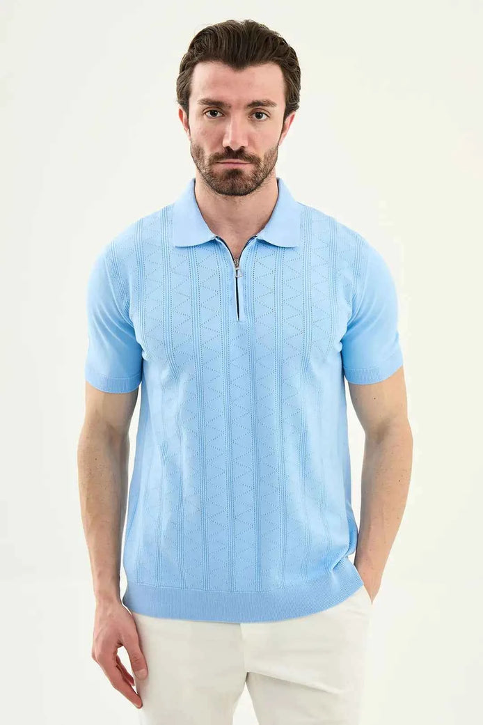 Abilene Light Blue Textured Knit Quarter Zip Polo Shirt