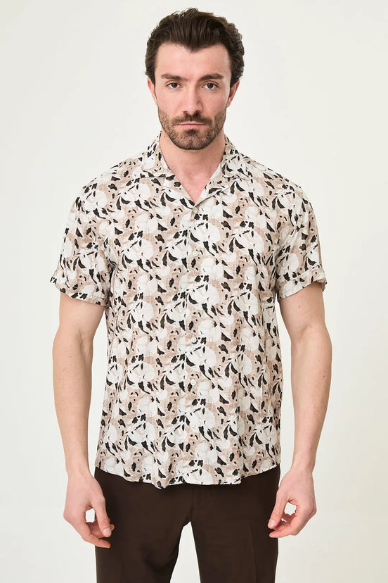 Brown Abstract Floral Print Short Sleeve Shirt