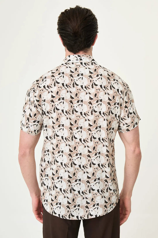 Brown Abstract Floral Print Short Sleeve Shirt