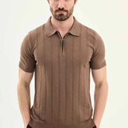 Abilene Brown Textured Knit Quarter Zip Polo Shirt