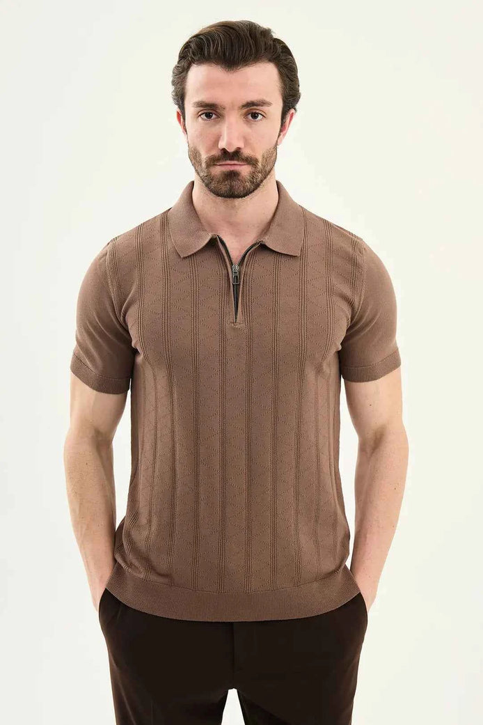 Abilene Brown Textured Knit Quarter Zip Polo Shirt