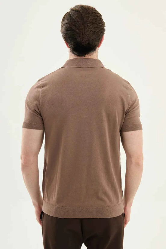 Abilene Brown Textured Knit Quarter Zip Polo Shirt
