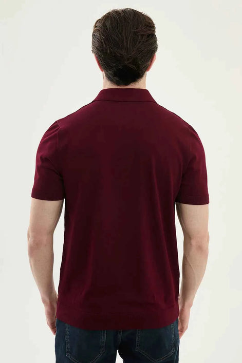 Abilene Burgundy Textured Knit Quarter Zip Polo Shirt