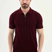 Abilene Burgundy Textured Knit Quarter Zip Polo Shirt