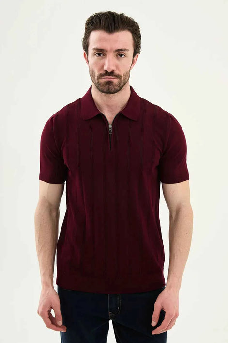 Abilene Burgundy Textured Knit Quarter Zip Polo Shirt