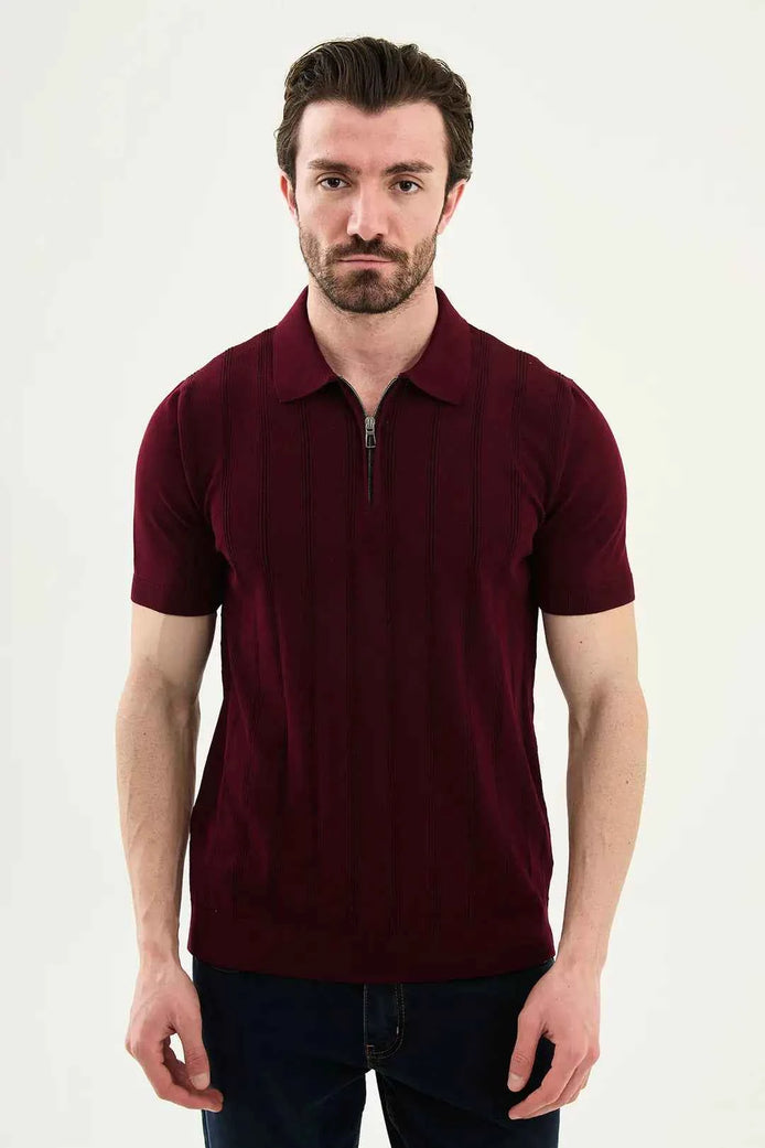 Abilene Burgundy Textured Knit Quarter Zip Polo Shirt