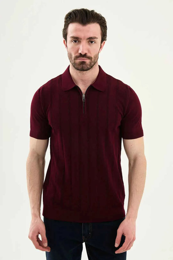 Abilene Burgundy Textured Knit Quarter Zip Polo Shirt