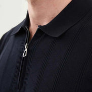 Abilene Dark Blue Textured Knit Quarter Zip Polo Shirt