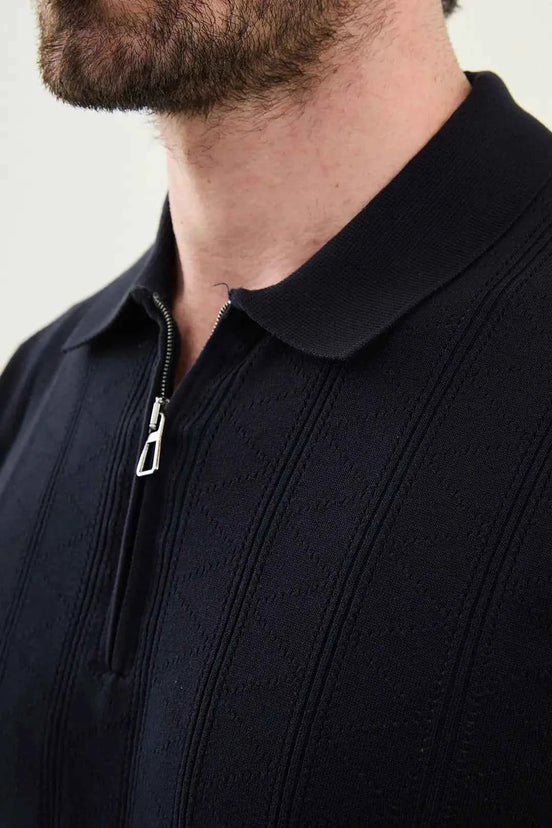 Abilene Dark Blue Textured Knit Quarter Zip Polo Shirt