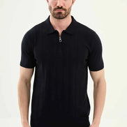 Abilene Dark Blue Textured Knit Quarter Zip Polo Shirt