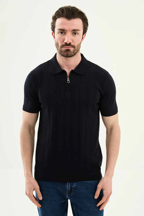 Abilene Dark Blue Textured Knit Quarter Zip Polo Shirt
