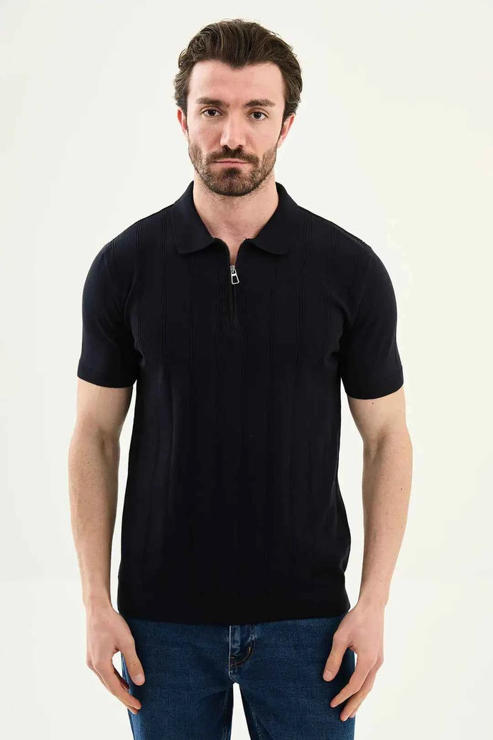 Abilene Dark Blue Textured Knit Quarter Zip Polo Shirt
