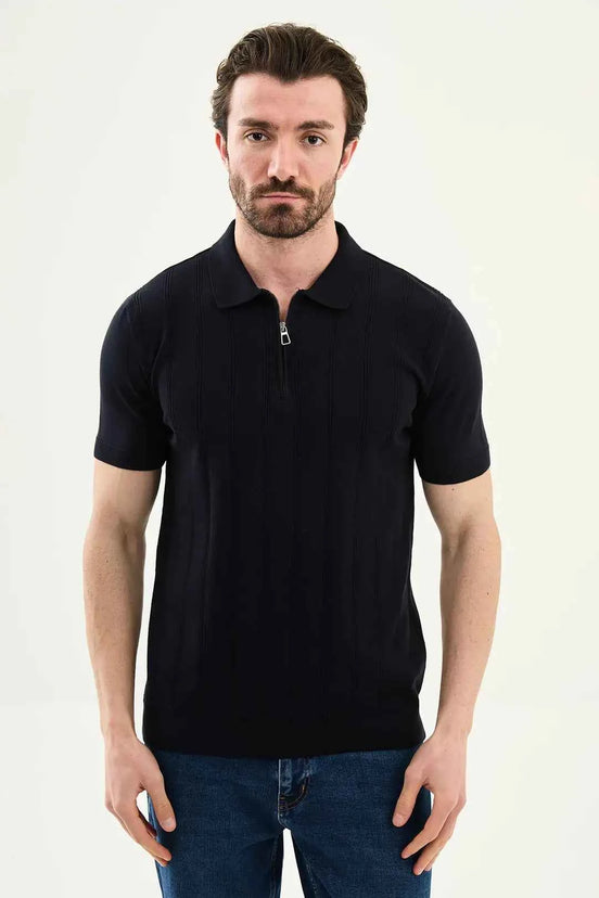 Abilene Dark Blue Textured Knit Quarter Zip Polo Shirt