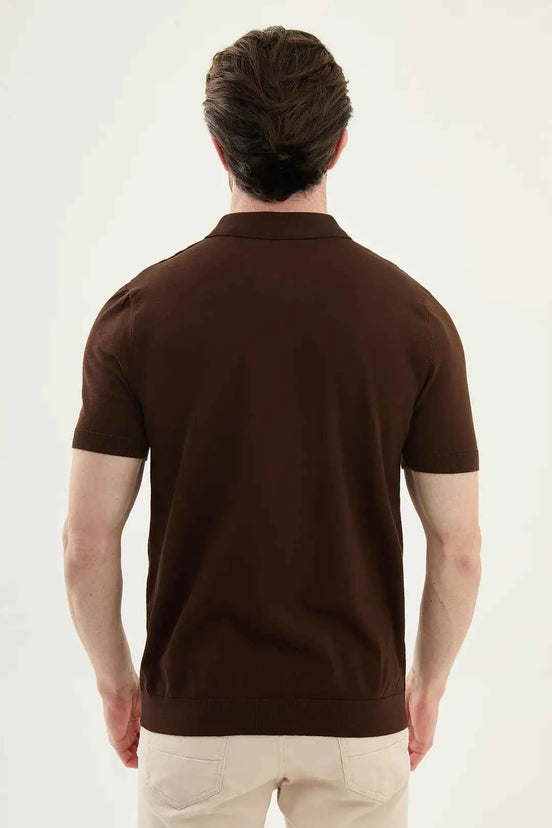 Abilene Dark Brown Textured Knit Quarter Zip Polo Shirt