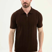 Abilene Dark Brown Textured Knit Quarter Zip Polo Shirt