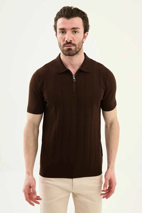 Abilene Dark Brown Textured Knit Quarter Zip Polo Shirt