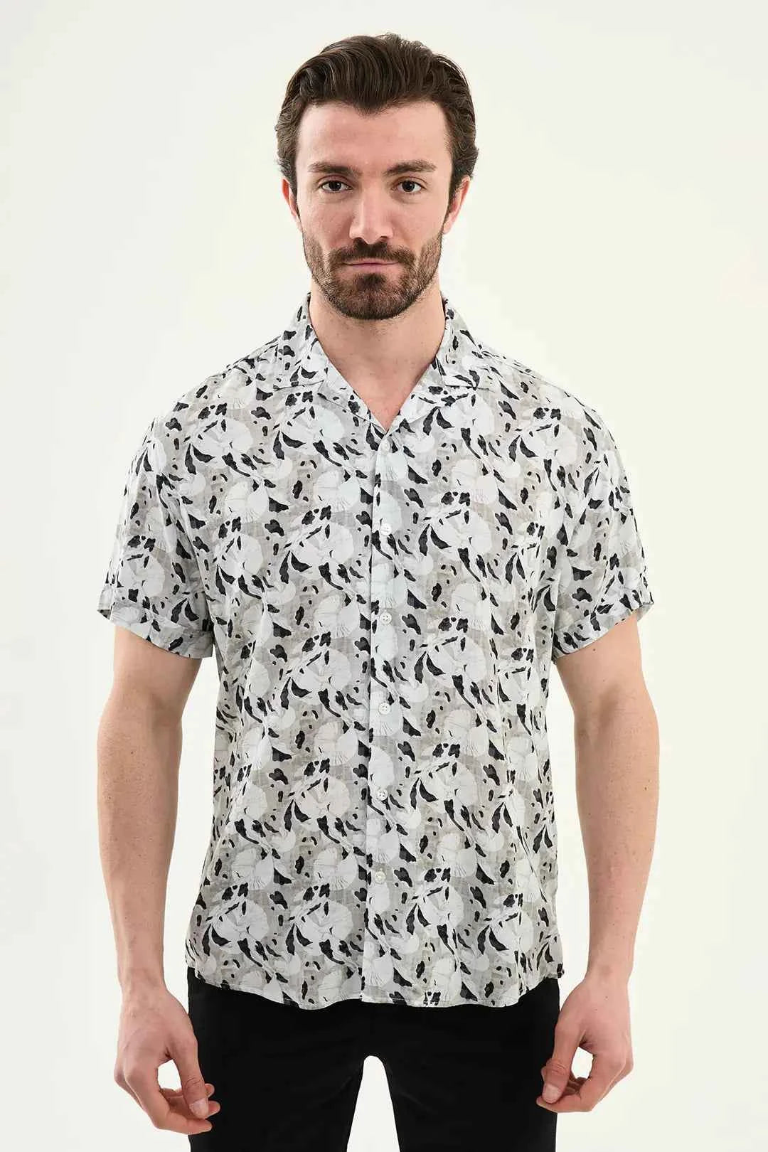Abilene Gray Abstract Floral Print Short Sleeve Shirt