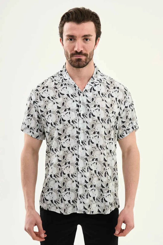 Abilene Gray Abstract Floral Print Short Sleeve Shirt