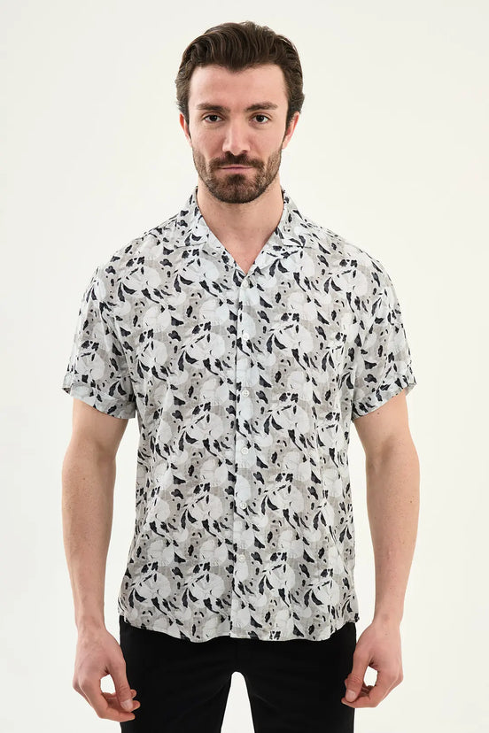 Gray Abstract Floral Print Short Sleeve Shirt
